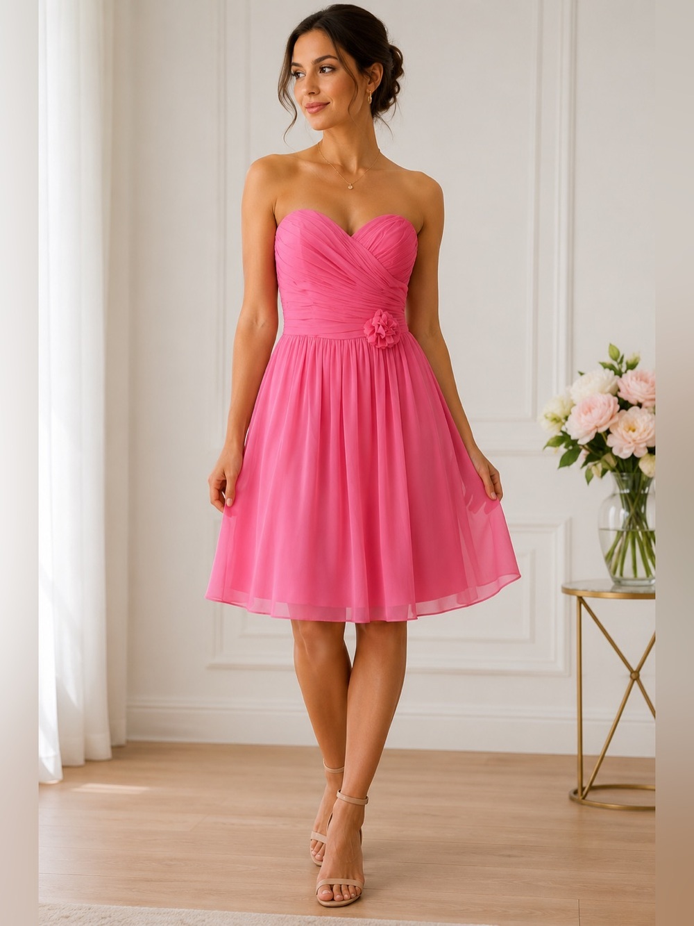 After Six Strapless Hot Pink Chiffon Cocktail Dress Size XS Wedding Formal